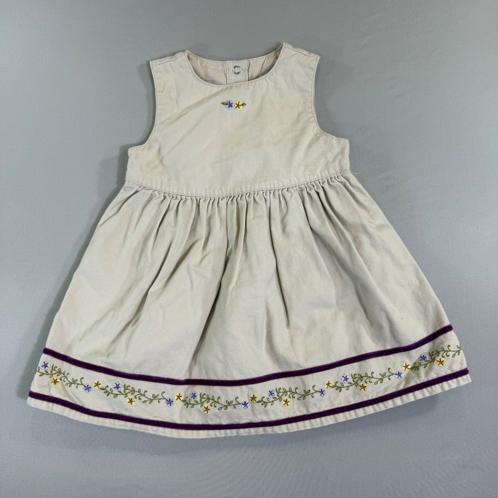 Vintage Gymboree Dress 24 Months Beige Floral Embroidered Velvet Trim Snap Back